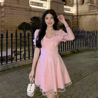 Puff-sleeve Bow-back A-line Dress (various Designs)