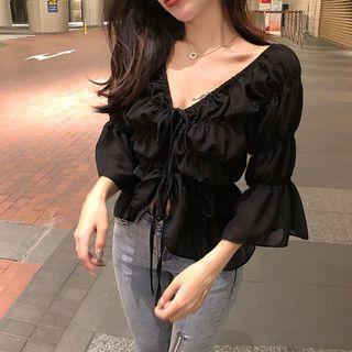 3/4-sleeve Drawstring Crinkled Chiffon Top