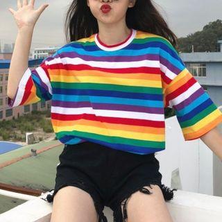 3/4-sleeve Rainbow Stripe T-shirt