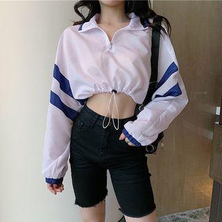 Long-sleeve Contrast Trim Cropped Top White - One Size