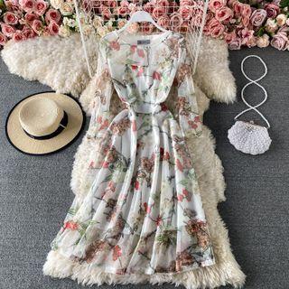 Round Neck Flower Print Embroidered A-line Dress