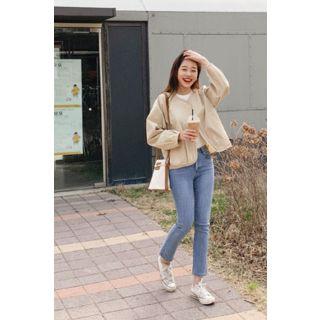 Collarless Cotton Zip Jacket Beige - One Size