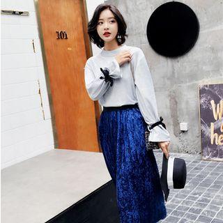 Set: Plain Long-sleeve Top + Velvet Midi Skirt