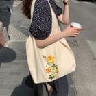 Floral Print Canvas Tote Bag Yellow Rose - Beige - One Size