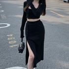 Long-sleeve Scoop-neck Crop Top / Slit Midi A-line Skirt / Set