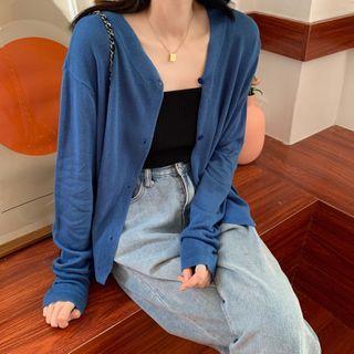 Long-sleeve Plain Basic Knit Cardigan Blue - One Size