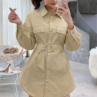 Long-sleeve Plain Tie Waist Shirt Dress