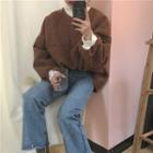 Color-block Turtle-neck Woolen Loose-fit Sweatshirt