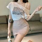 Short-sleeve Cold-shoulder Lettering Cropped T-shirt / Mini Pencil Skirt