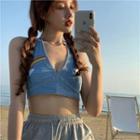 Rainbow Embroidered Denim Cropped Halter Top