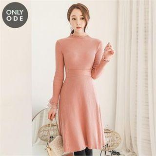Lace-trim Tie-waist Rib-knit Dress