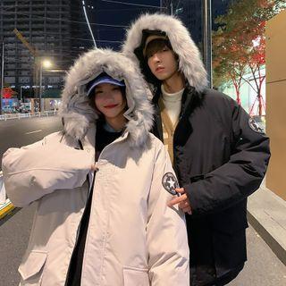 Applique Faux Fur Hooded Padded Coat
