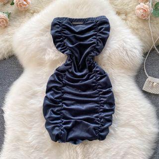 Bandeau Ruched Velvet Sleeveless Dress