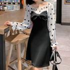 Long-sleeve Heart Patterned Paneled A-line Mini Dress