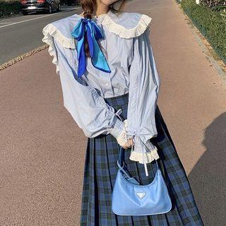 Doll-collar Blouse / Plaid Midi Skirt