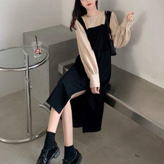 Long-sleeve Two Tone Midi A-line Dress
