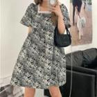 Short-sleeve Graphic Print Frill Trim Mini A-line Dress Black - One Size
