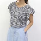 Ruffled Cap-sleeve Striped T-shirt