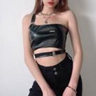 One-shoulder Faux Leather Cropped Camisole Top