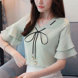 Flared Short-sleeve Chiffon Blouse