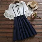 Short-sleeve Mock Two-piece Bow Printed A-line Dress