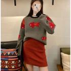 Goldfish Embroidered Pullover / Rib Knit Mini Skirt