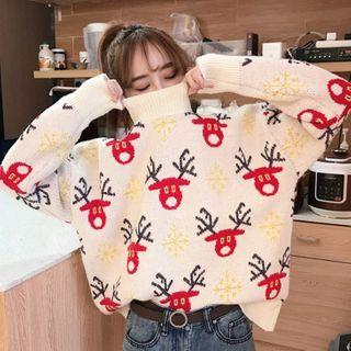 Mock-turtleneck Deer Print Sweater
