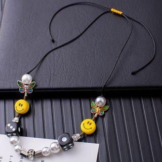 Smiley Butterfly Faux Pearl Pendant Stainless Steel Necklace Silver - One Size
