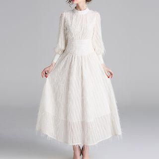 Balloon-sleeve Fringe A-line Maxi Dress