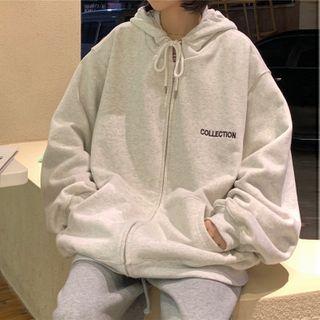 Loose-fit Long-sleeve Lettering Zip-up Hoodie