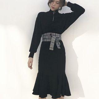 High-neck Sheath Knit Dress With Plaid Sash