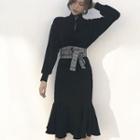 High-neck Sheath Knit Dress With Plaid Sash