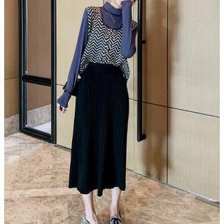 Set: Long-sleeve Turtleneck Top + Zigzag Sweater Vest + Midi Pencil Skirt
