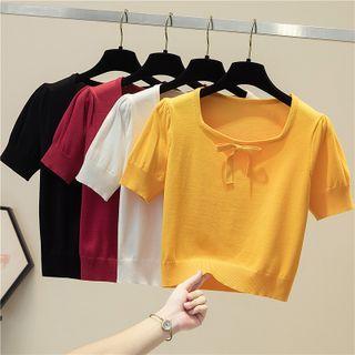 Short-sleeve Square-neck Bow Plain Knit Top
