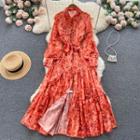 Puff-sleeve Lapel Print Lace-up Slit Dress