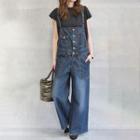 Spaghetti-strap Plain Denim Wide-leg Jumper Pants Blue - One Size