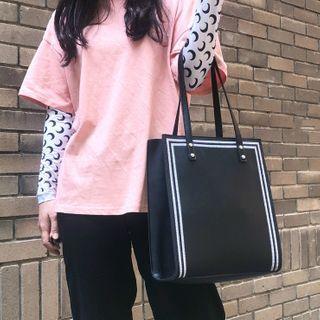 Faux Leather Embroidered Trim Tote Bag