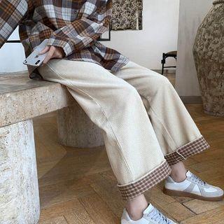 Corduroy Rolled Plaid Shift Wide-leg Pants