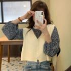 Buttoned Knit Vest / Puff-sleeve Floral Print Blouse