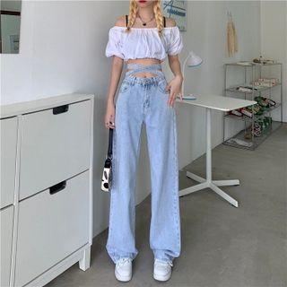 Cross Strap Washed Wide Leg Jeans