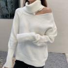 Cold Shoulder Turtleneck Sweater White - One Size