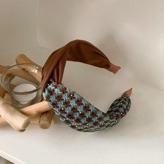 Houndstooth Panel Headband 01 - Dark Green & Coffee - One Size