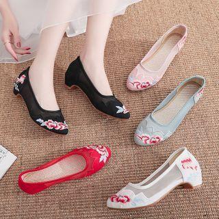 Floral Embroidered Mesh Panel Block Heel Pumps