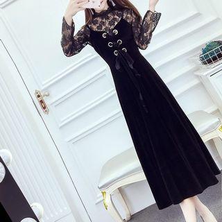 Set: Long-sleeve Lace Top + Spaghetti-strap A-line Midi Velvet Skirt