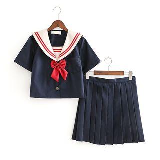 Sailor Collar Shirt / Pleated Skirt / Cardigan / Set