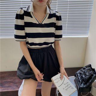 Short-sleeve Striped Top / Plain Bloomer Shorts