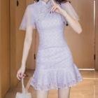 Short-sleeve Embellished Lace Mini A-line Qipao Dress