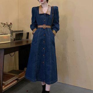Long-sleeve Button-up Denim Midi Collared Dress
