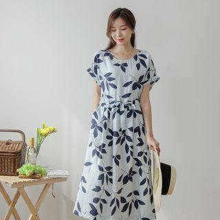 Rollup Tie-waist Long Foliage Dress