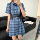 Frog-button Plaid Short-sleeve Mini A-line Shirtdress / Body Harness
